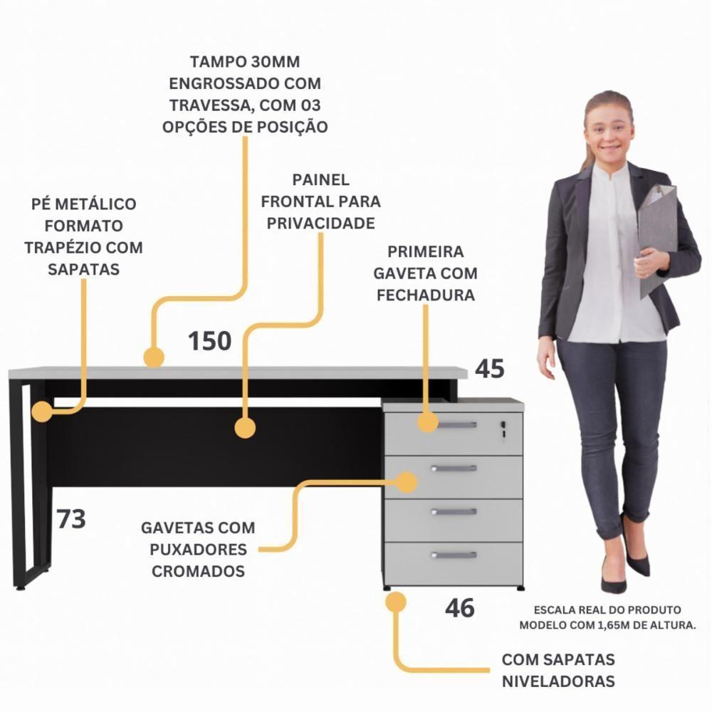 Escrivaninha Mesa Escritório Extensível 150cm 4 Gavetas Flex Multimóveis Cr25325 Cinza Preto - 3