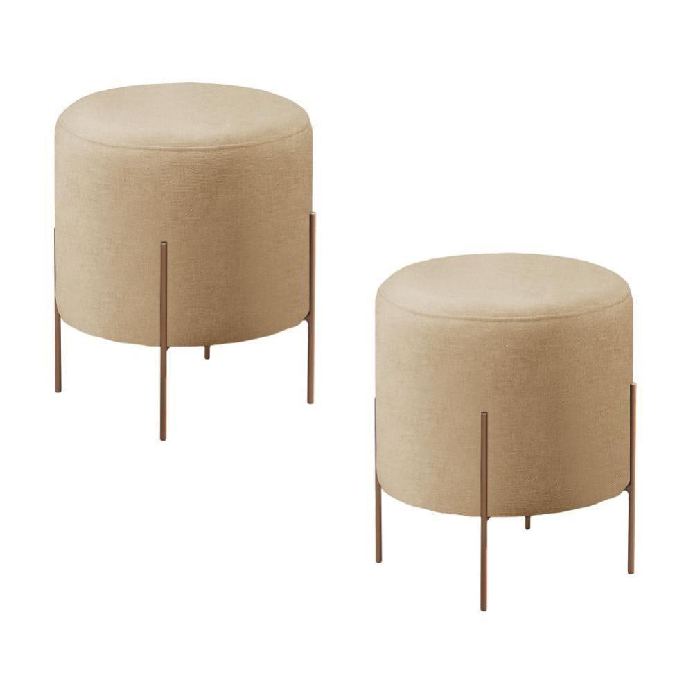 Conjunto - 2 Puff Banqueta Odim Bronze Luxo Castellar Móbile Linho Bege - 1