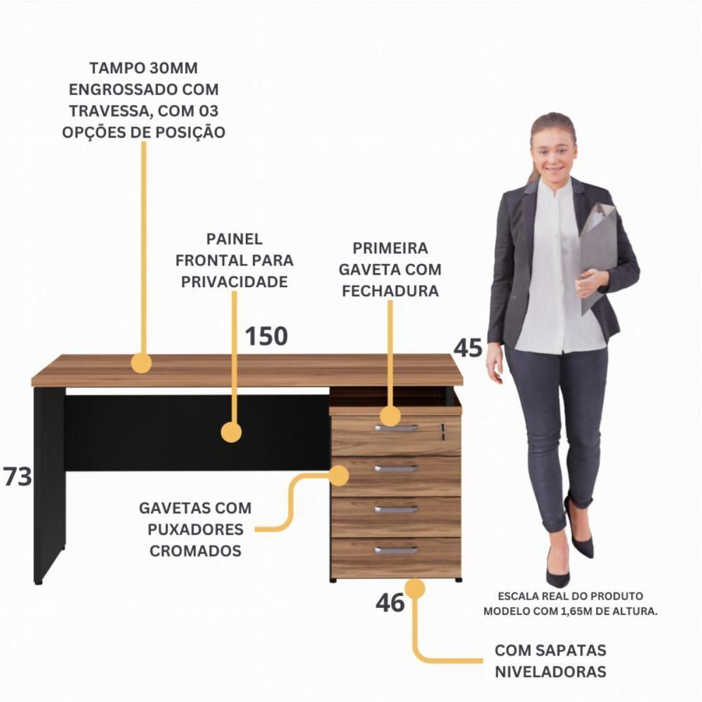 Escrivaninha Mesa Escritório 150cm 4 Gavetas Flex Multimóveis Cr25317 Sevilha Preto - 6