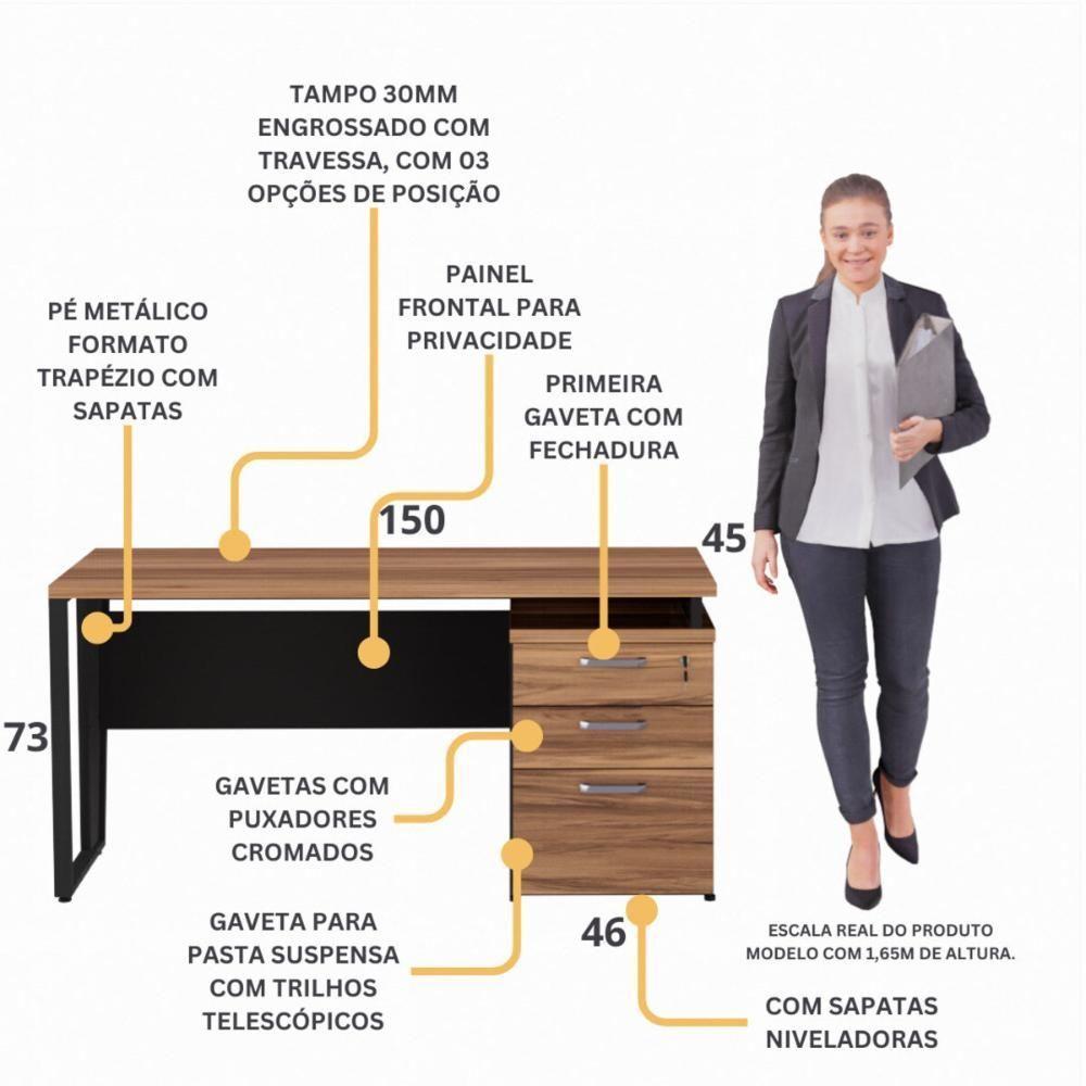 Escrivaninha Mesa Escritório 150cm 3 Gavetas Flex Multimóveis Cr25322 Sevilha Preto - 3