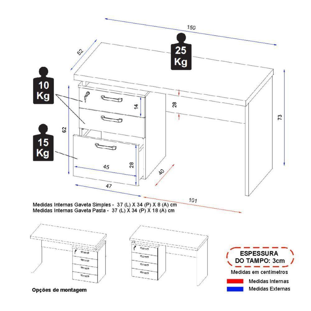 Escrivaninha Mesa Escritório 150cm 3 Gavetas Flex Multimóveis Cr25322 Sevilha Preto - 4