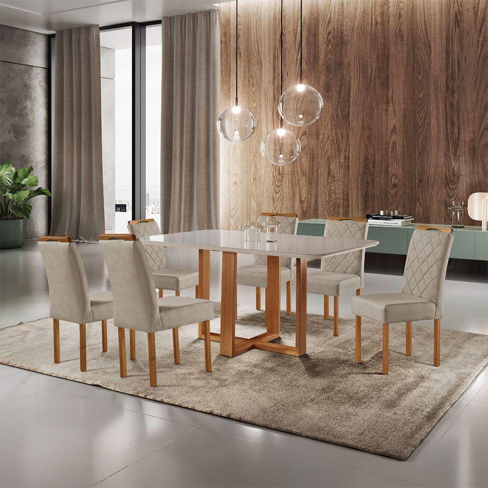 Conjunto De Jantar 6 Lugares Mesa E Cadeiras Móveis Mundial Mel/off White/ Bege Areia - 1
