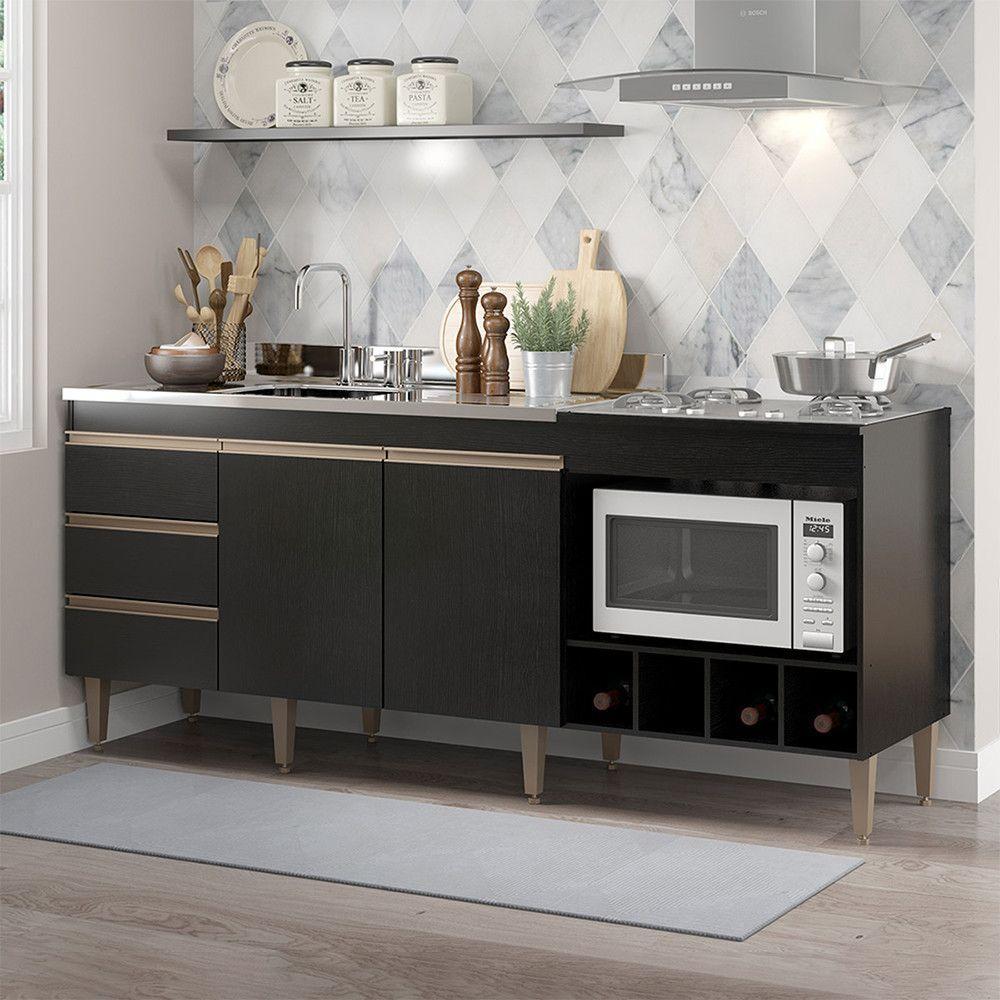 Balcão Para Pia E Cooktop Forno E Adega Mdp 2035 Menu Móveis Preto - 1