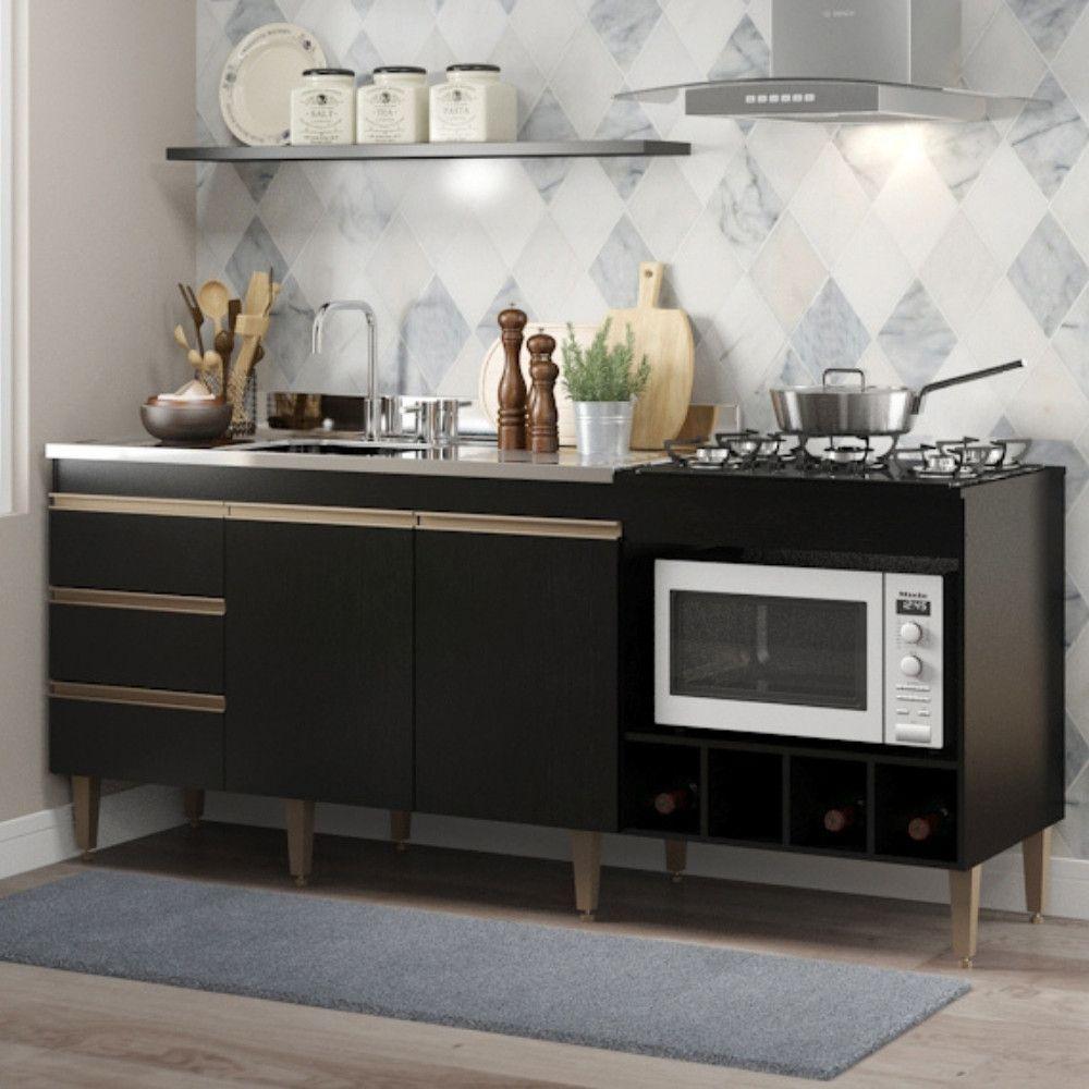 Balcão Para Pia E Cooktop Forno E Adega Mdp 2035 Menu Móveis Preto - 2