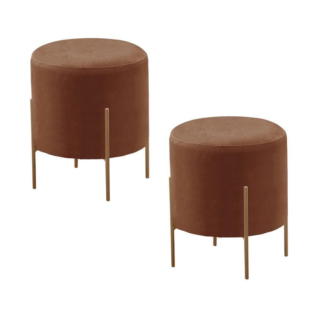 Conjunto - 2 Puff Banqueta Odim Bronze Luxo Castellar Móbile Corino Caramelo - 1
