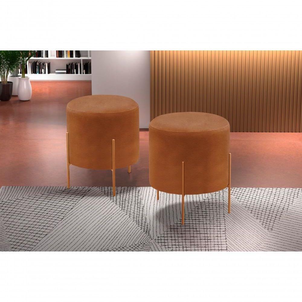 Conjunto - 2 Puff Banqueta Odim Bronze Luxo Castellar Móbile Corino Caramelo - 5