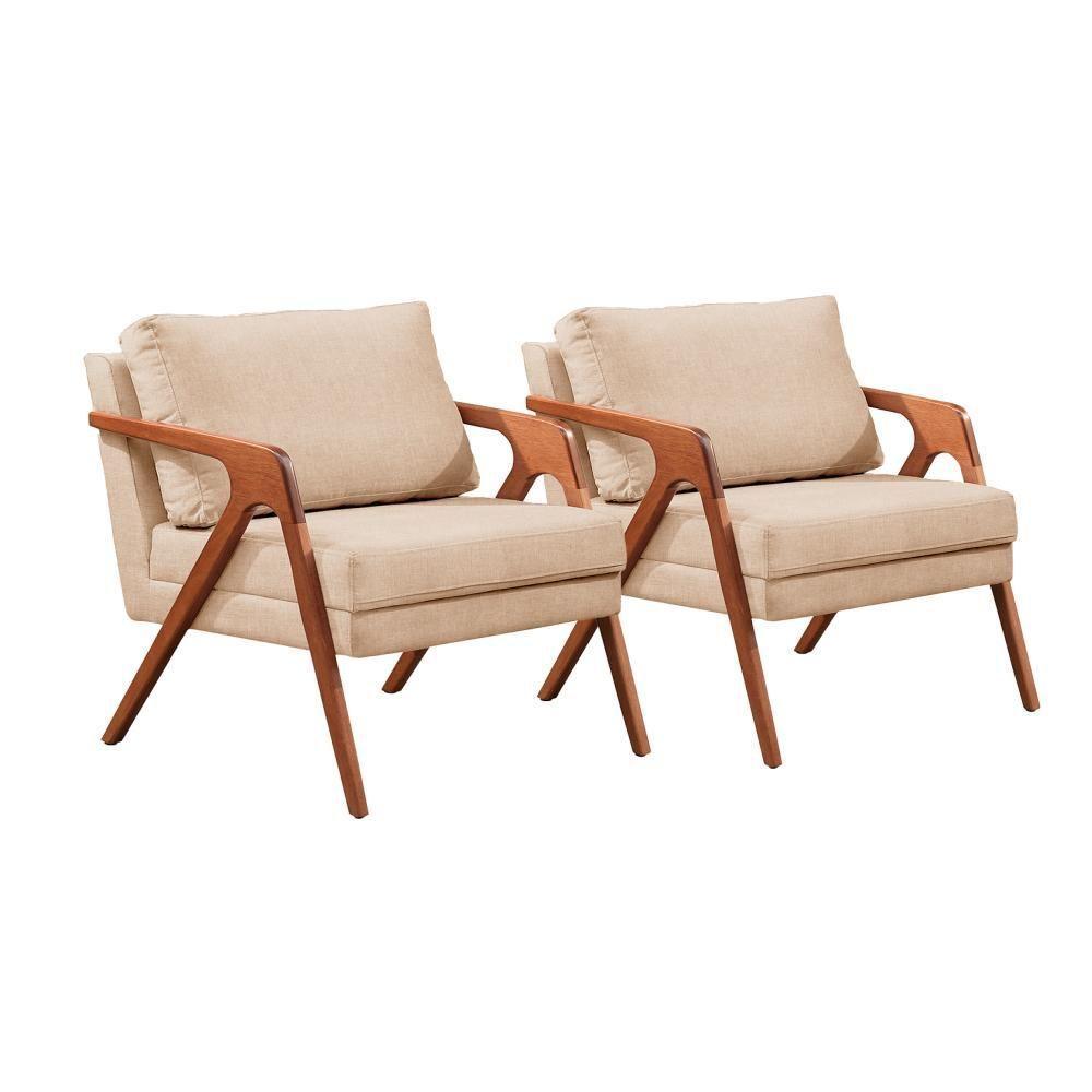 Conjunto - 2 Poltronas Mona Luxo Madeira Maciça Castellar Linho Bege Claro - 1