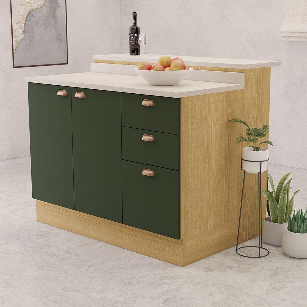 Bancada Ilha Com Tampo 2 Portas E 3 Gavetas Com Rodapé Class Freijó/verde Amalfi - 1