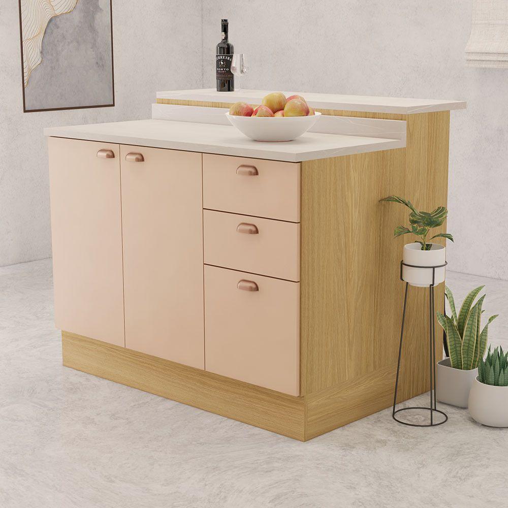 Bancada Ilha Com Tampo 2 Portas E 3 Gavetas Com Rodapé Class Freijó/petala Rosa - 1