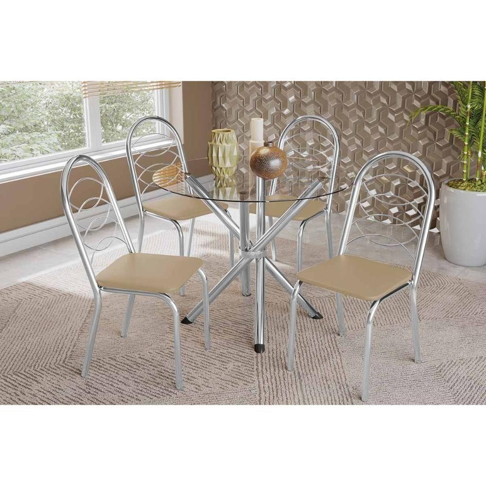 Conjunto: Mesa Sala Jantar Volga C- Tampo De Vidro 95cm E 4 Cadeiras Holanda Cromada - Courano Bege - Kappesberg - 1