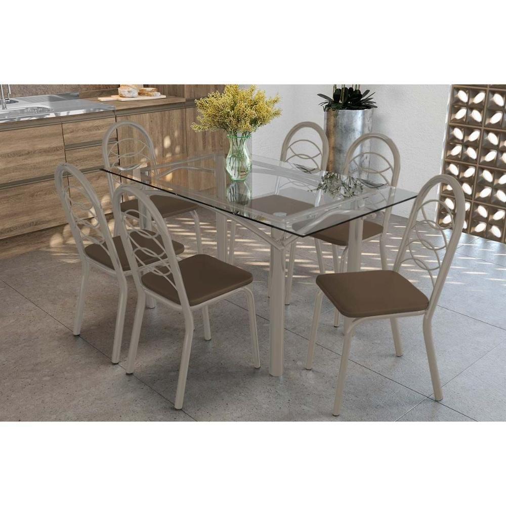 Conjunto: Mesa De Cozinha Elba C- Tampo De Vidro 150cm E 6 Cadeiras Holanda Niquel - Courano Marrom - Kappesberg - 1