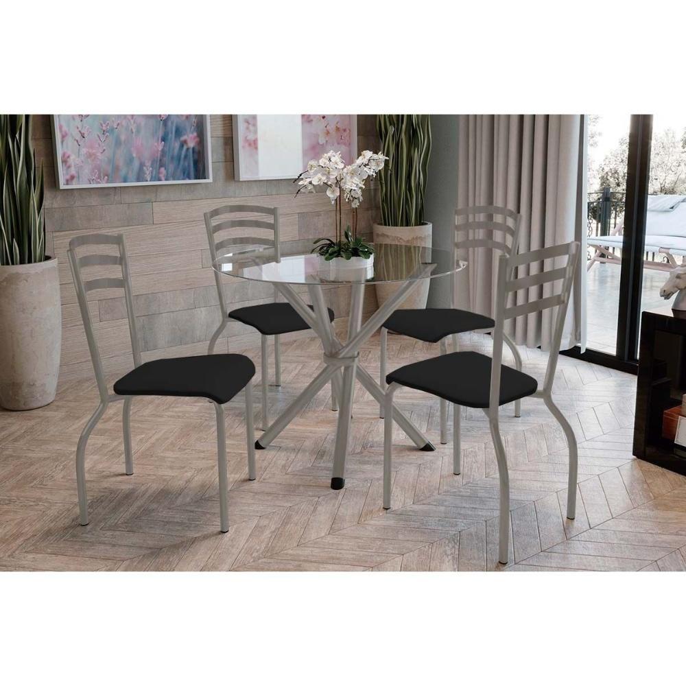 Conjunto: Mesa Sala Jantar Volga C- Tampo De Vidro 95cm E 4 Cadeiras Portugal Niquel - Courano Preto - Kappesberg - 1