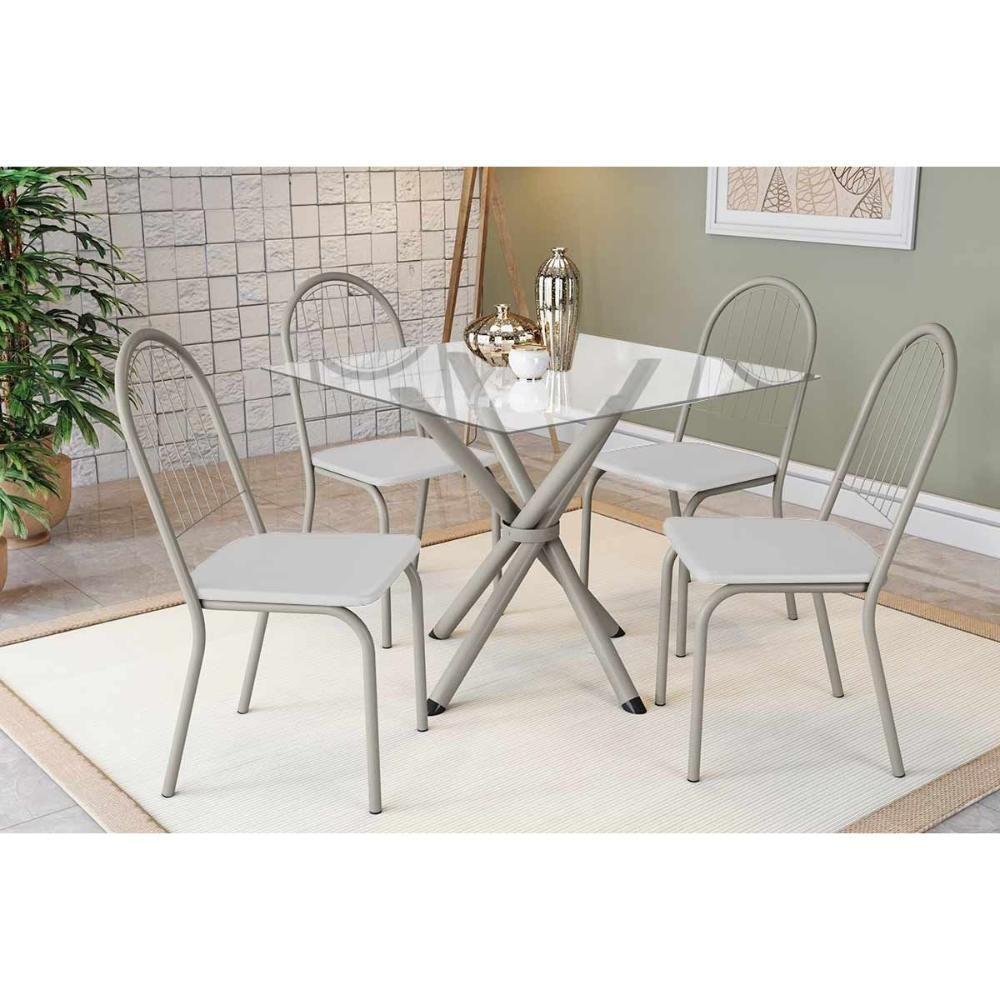 Conjunto: Mesa De Cozinha Volga C- Tampo De Vidro 90cm E 4 Cadeiras Noruega Niquel - Courano Branco - Kappesberg - 1
