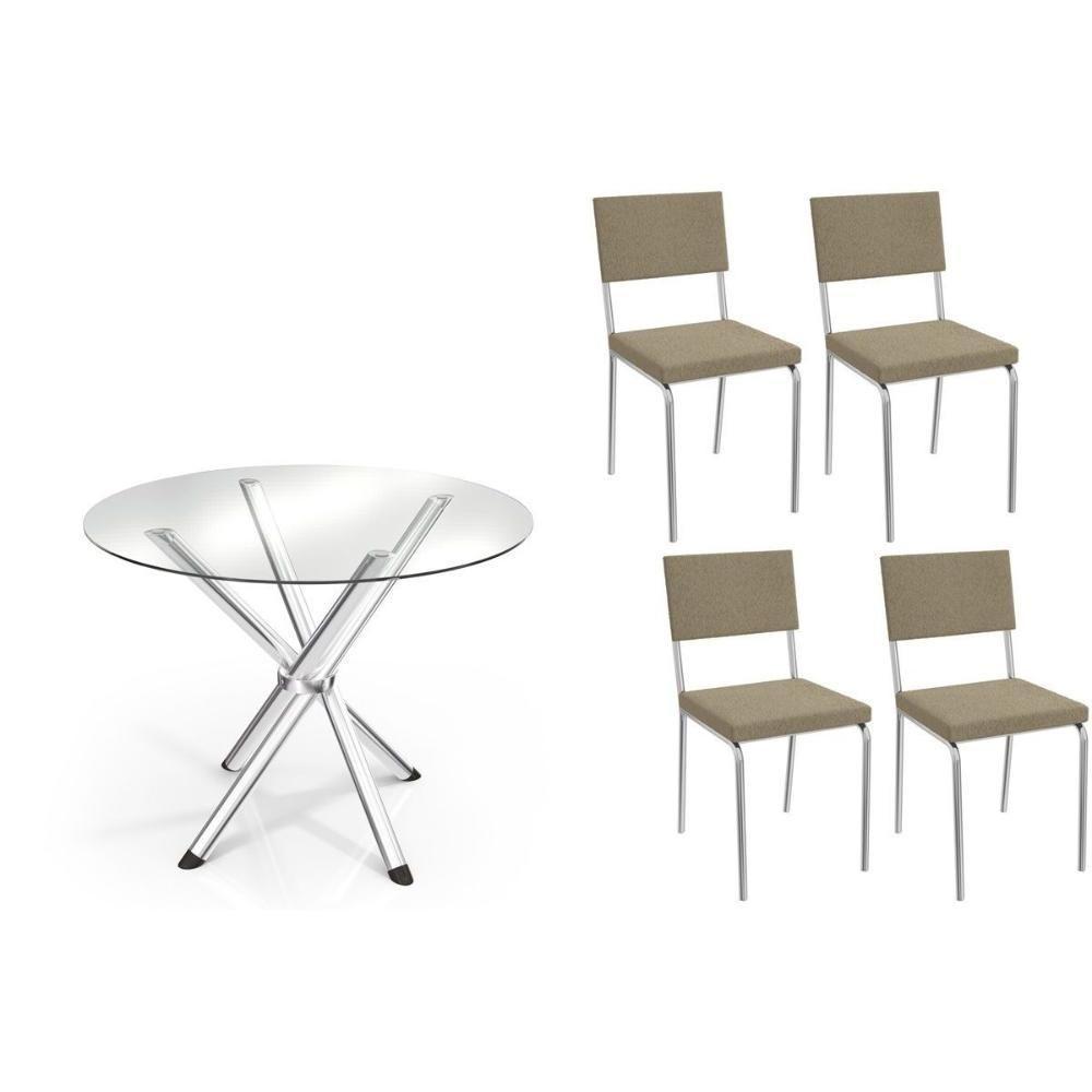 Conjunto: Mesa De Cozinha Volga C- Tampo De Vidro 95cm E 4 Cadeiras Zaria Cromada - Boucle Bege - Kappesberg - 1