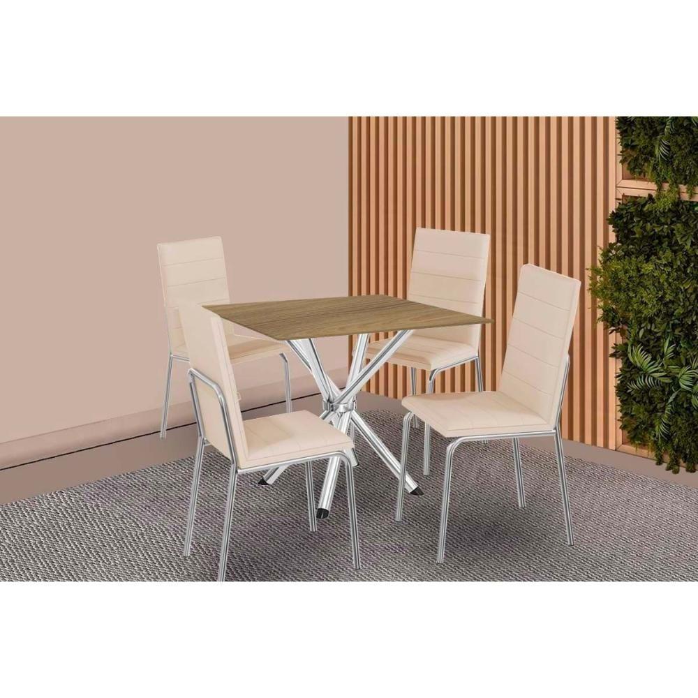 Conjunto: Mesa De Cozinha Volga C- Tampo De Madeira 90cm E 4 Cadeiras Amsterdã Cromado-nogueira - Bege - Kappesberg - 1
