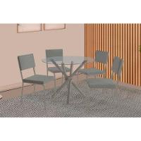 Conjunto: Mesa Sala Jantar Volga C- Tampo De Vidro 95cm E 4 Cadeiras Zaria Niquel - Boucle Cinza - Kappesberg - 1