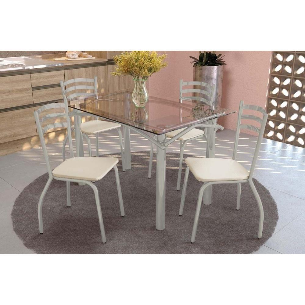 Conjunto: Mesa De Cozinha Elba C- Tampo De Vidro 120cm E 4 Cadeiras Portugal Niquel - Courano Bege - Kappesberg - 1