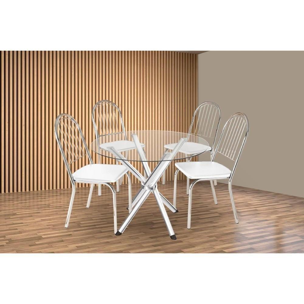 Conjunto: Mesa De Cozinha Volga C- Tampo De Vidro 95cm E 4 Cadeiras Noruega Cromada - Courano Branco - Kappesberg - 1