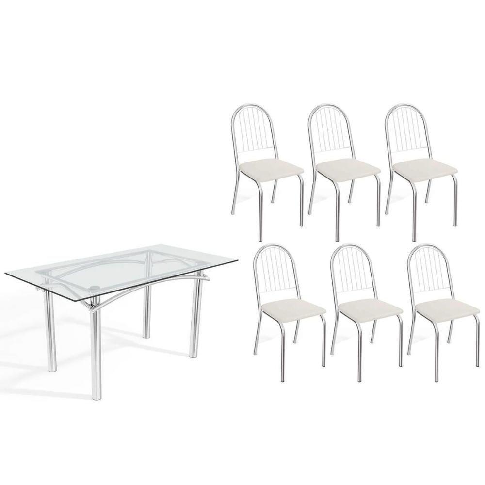 Conjunto: Mesa Sala Jantar Elba C- Tampo De Vidro 150cm E 6 Cadeiras Noruega Cromada - Courano Branco - Kappesberg - 1
