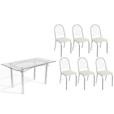 Conjunto: Mesa Sala Jantar Elba C- Tampo De Vidro 150cm E 6 Cadeiras Noruega Cromada - Courano Branco - Kappesberg