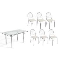 Conjunto: Mesa Sala Jantar Elba C- Tampo De Vidro 150cm E 6 Cadeiras Noruega Cromada - Courano Branco - Kappesberg - 1