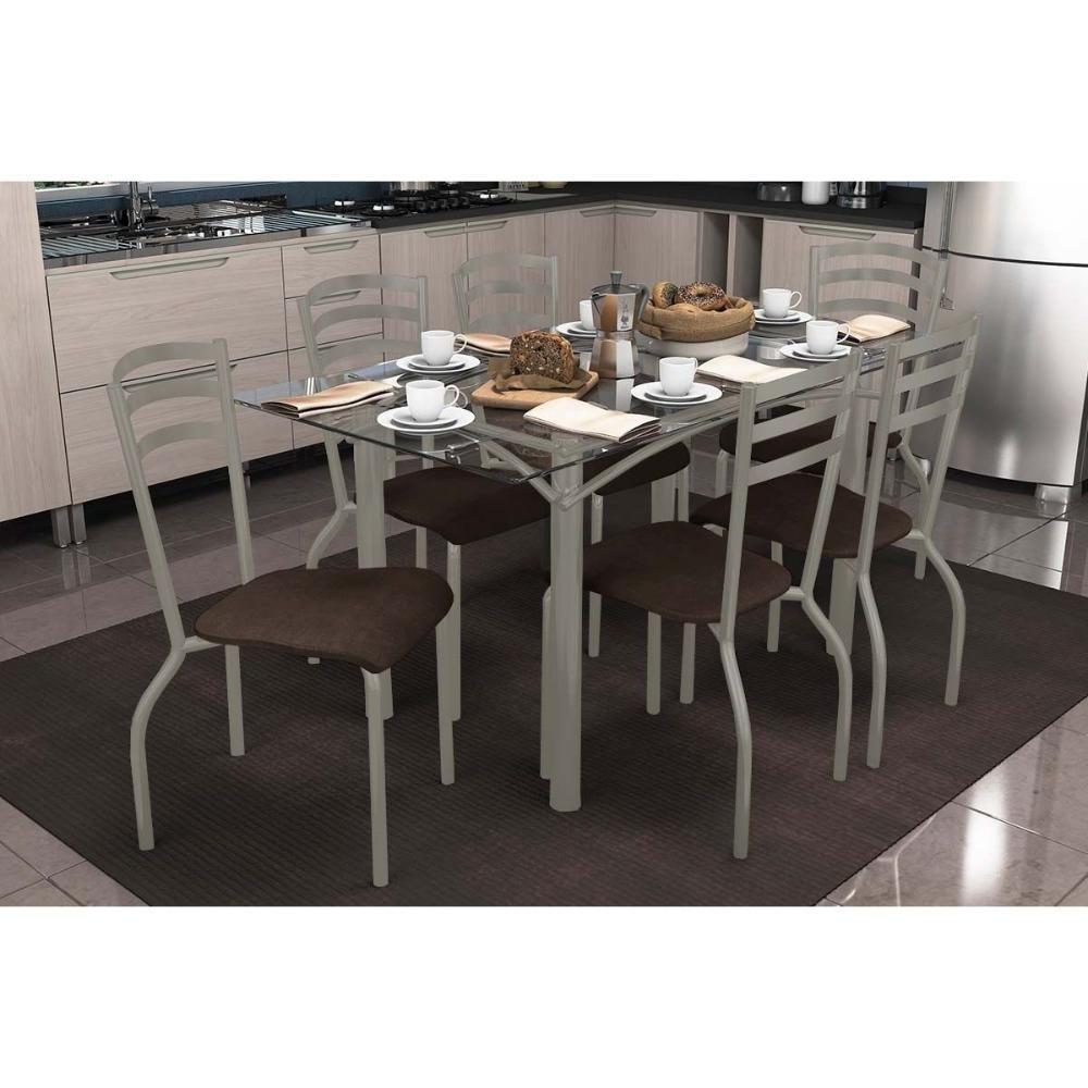 Conjunto: Mesa Sala Jantar Elba C- Tampo De Vidro 150cm E 6 Cadeiras Portugal Niquel - Courano Marrom - Kappesberg - 1