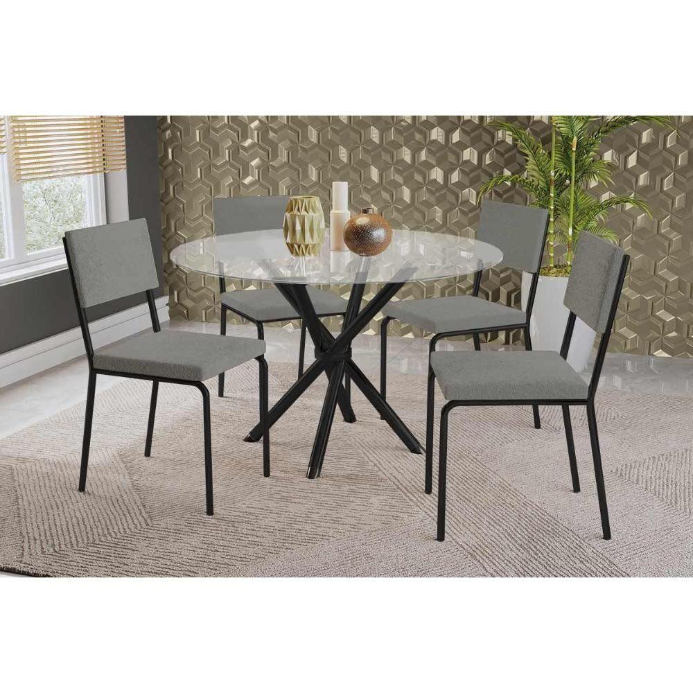 Conjunto: Mesa De Cozinha Volga C- Tampo De Vidro 95cm E 4 Cadeiras Zaria Preto - Boucle Cinza - Kappesberg - 1