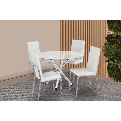 Conjunto: Mesa Sala Jantar Volga C- Tampo De Vidro 95cm E 4 Cadeiras Amsterdã Cromada - Courano Branco - Kappesberg