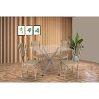 Conjunto: Mesa Sala Jantar Volga C- Tampo De Vidro 90cm E 4 Cadeiras Lisboa Niquel - Courano Bege - Kappesberg - 1