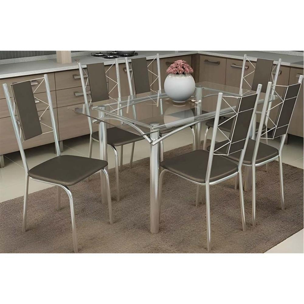 Conjunto: Mesa De Cozinha Elba C- Tampo De Vidro 120cm E 6 Cadeiras Lisboa Cromada - Courano Marrom - Kappesberg - 1