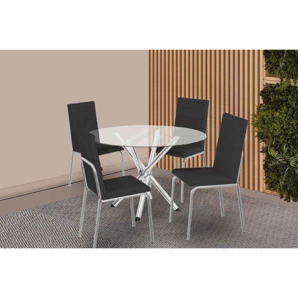 Conjunto: Mesa De Cozinha Volga C- Tampo De Vidro 95cm E 4 Cadeiras Amsterdã Cromada - Courano Preto - Kappesberg - 1