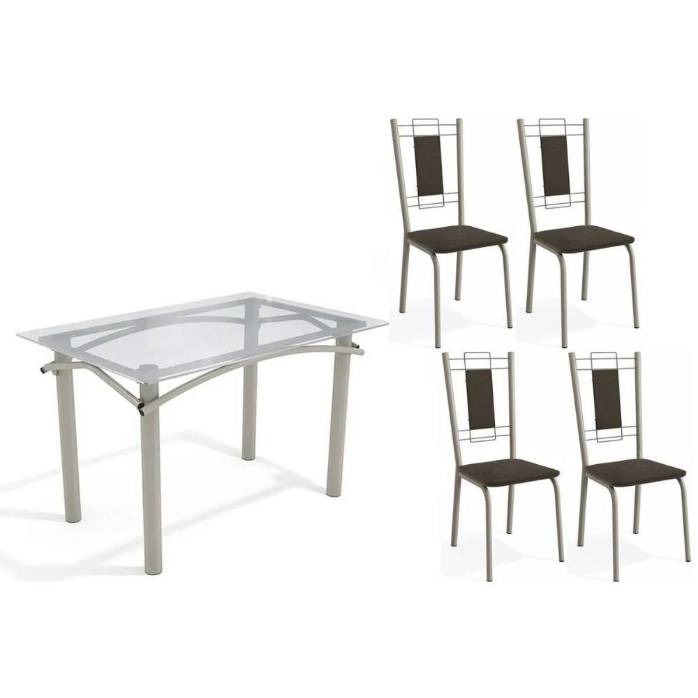 Conjunto: Mesa De Cozinha Elba C- Tampo De Vidro 120cm E 4 Cadeiras Florença Niquel - Courano Marrom - Kappesberg - 1
