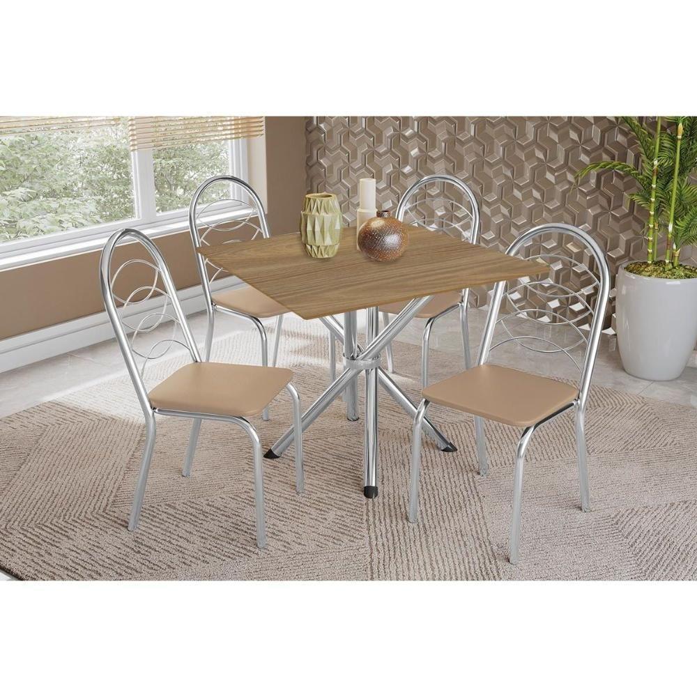 Conjunto: Mesa Sala Jantar Volga C- Tampo De Madeira 90cm E 4 Cadeiras Holanda Cromado-nogueira - Bege - Kappesberg - 1