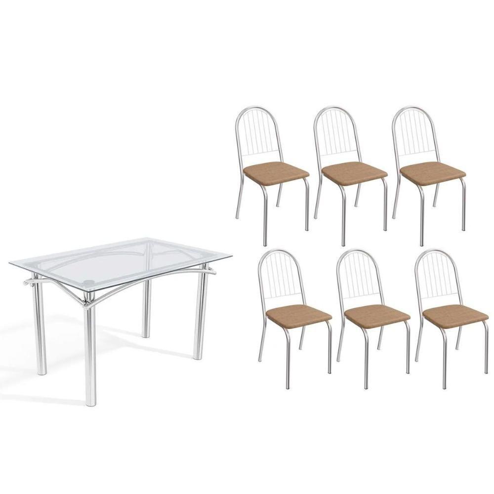 Conjunto: Mesa De Cozinha Elba C- Tampo De Vidro 120cm E 6 Cadeiras Noruega Cromada - Courano Capuccino - Kappesberg - 1