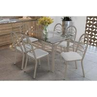 Conjunto: Mesa Sala Jantar Elba C- Tampo De Vidro 120cm E 6 Cadeiras Holanda Niquel - Courano Branco - Kappesberg - 1