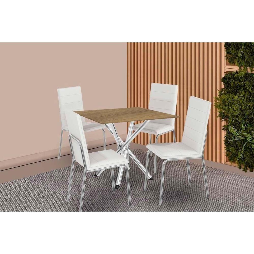 Conjunto: Mesa De Cozinha Volga C- Tampo De Madeira 90cm E 4 Cadeiras Amsterdã Cromado-nogueira - Branco - Kappesberg - 1