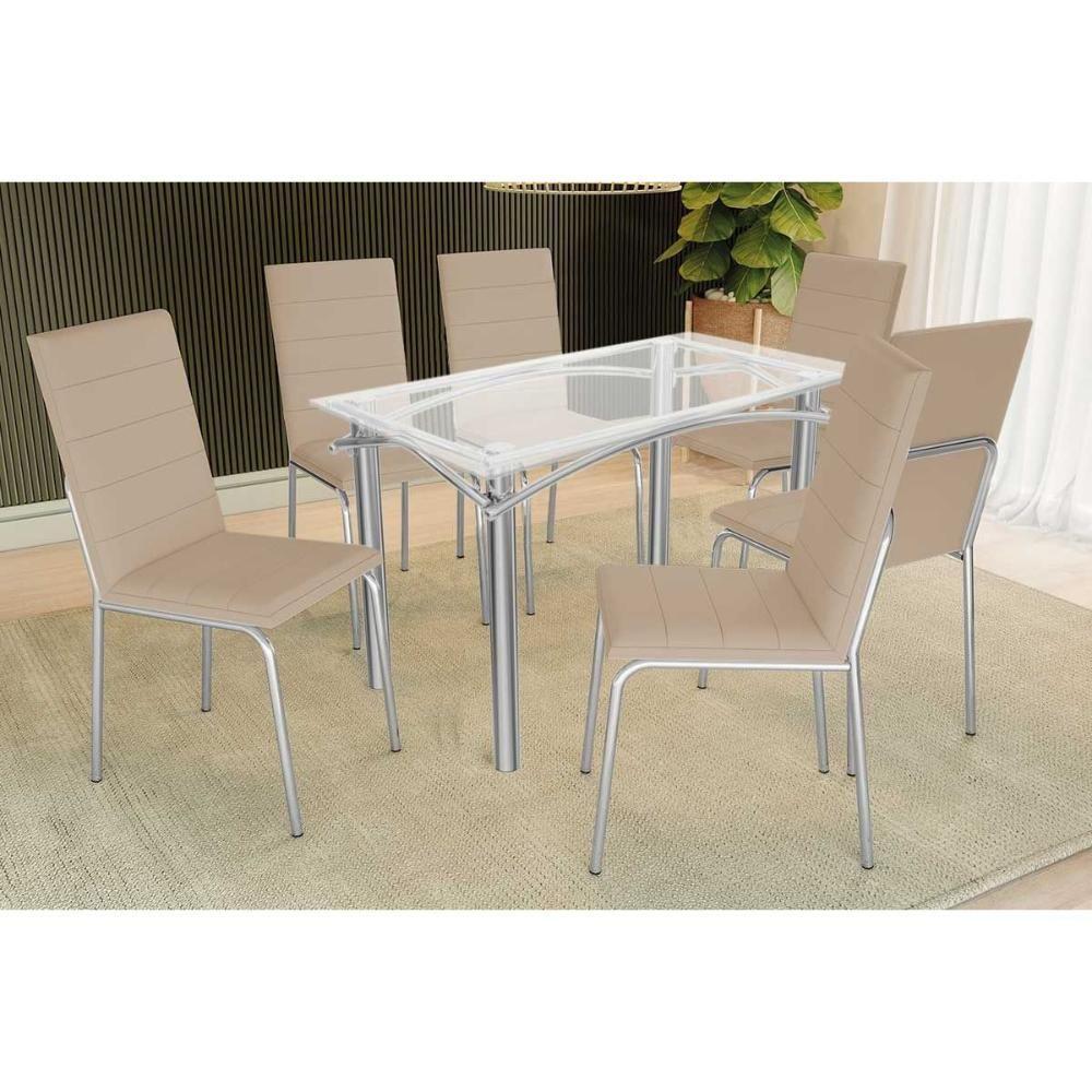 Conjunto: Mesa Sala Jantar Elba C- Tampo De Vidro 120cm E 6 Cadeiras Amsterdã Cromada - Courano Bege - Kappesberg - 1