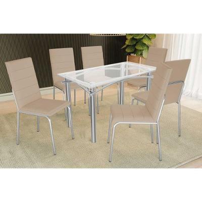 Conjunto: Mesa Sala Jantar Elba C- Tampo De Vidro 120cm E 6 Cadeiras Amsterdã Cromada - Courano Bege - Kappesberg