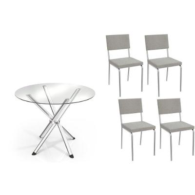 Conjunto: Mesa Sala Jantar Volga C- Tampo De Vidro 95cm E 4 Cadeiras Zaria Cromada - Boucle Cinza - Kappesberg