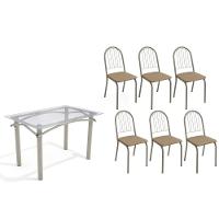 Conjunto: Mesa Sala Jantar Elba C- Tampo De Vidro 120cm E 6 Cadeiras Noruega Niquel - Courano Capuccino - Kappesberg - 1