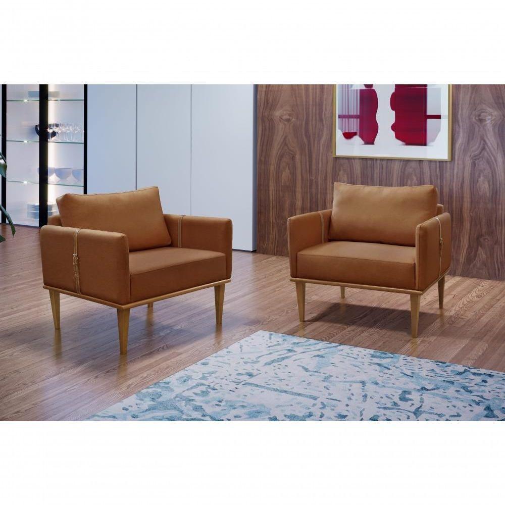 Conjunto - 2 Poltronas Milla Luxo Madeira Maciça Castellar Corino Caramelo - 5