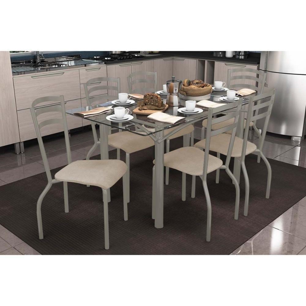 Conjunto: Mesa Sala Jantar Elba C- Tampo De Vidro 150cm E 6 Cadeiras Portugal Niquel - Courano Bege - Kappesberg - 1