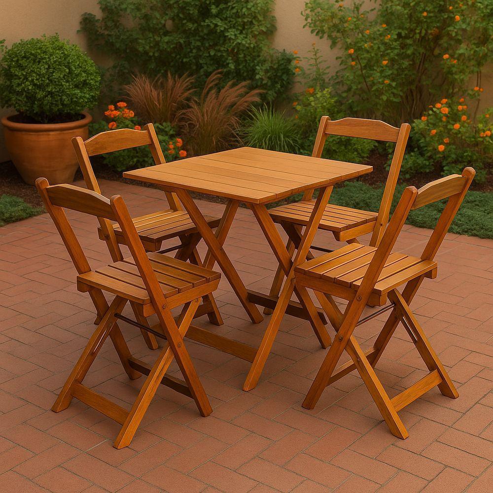 Conjunto Mesa Dobrável 70x70 Tampo Madeira E 4 Cadeiras Dobrável Retrátil Mel - 1