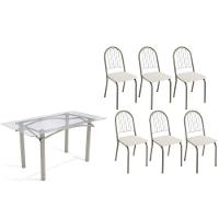 Conjunto: Mesa Sala Jantar Elba C- Tampo De Vidro 150cm E 6 Cadeiras Noruega Niquel - Courano Branco - Kappesberg - 1