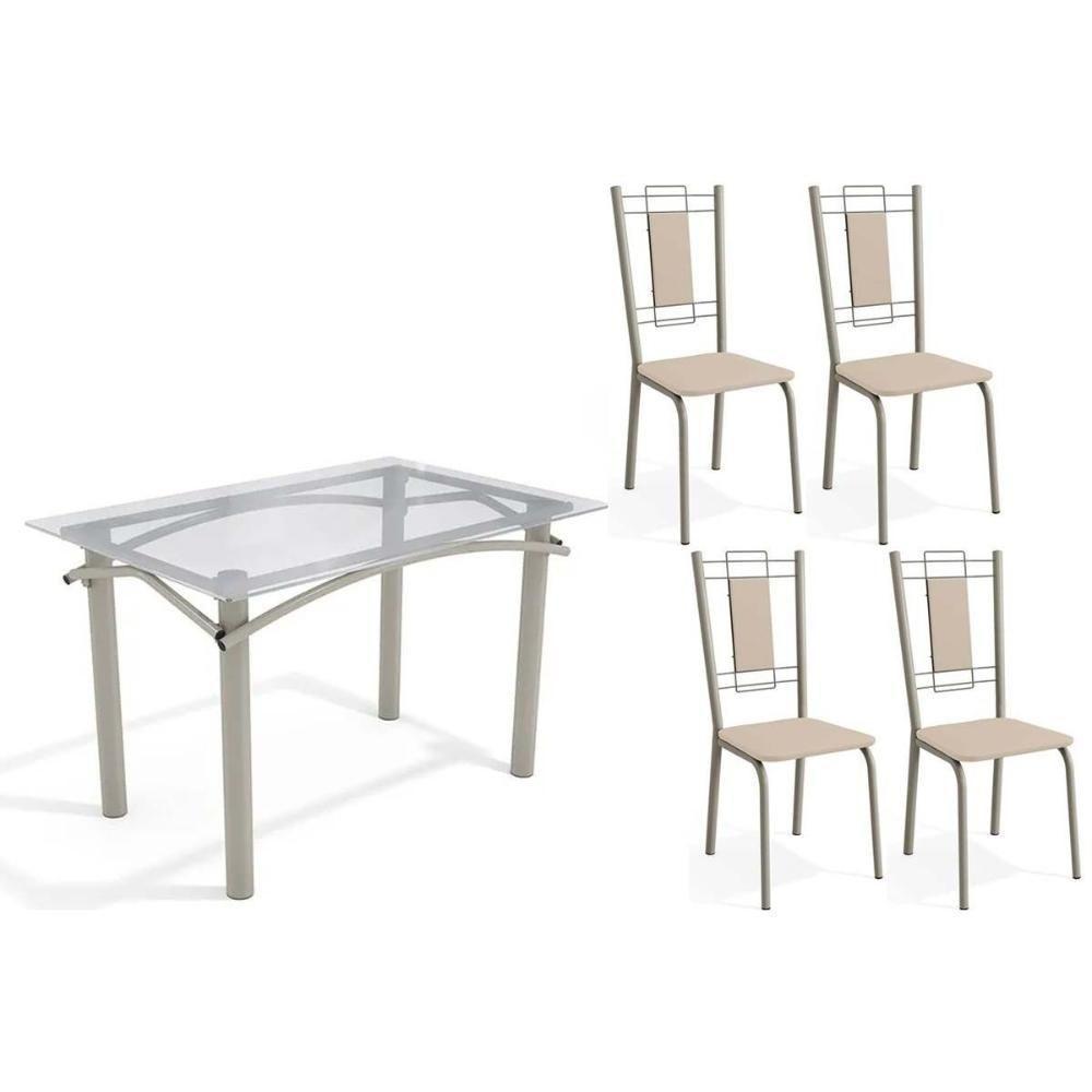Conjunto: Mesa De Cozinha Elba C- Tampo De Vidro 120cm E 4 Cadeiras Florença Niquel - Courano Bege - Kappesberg - 1