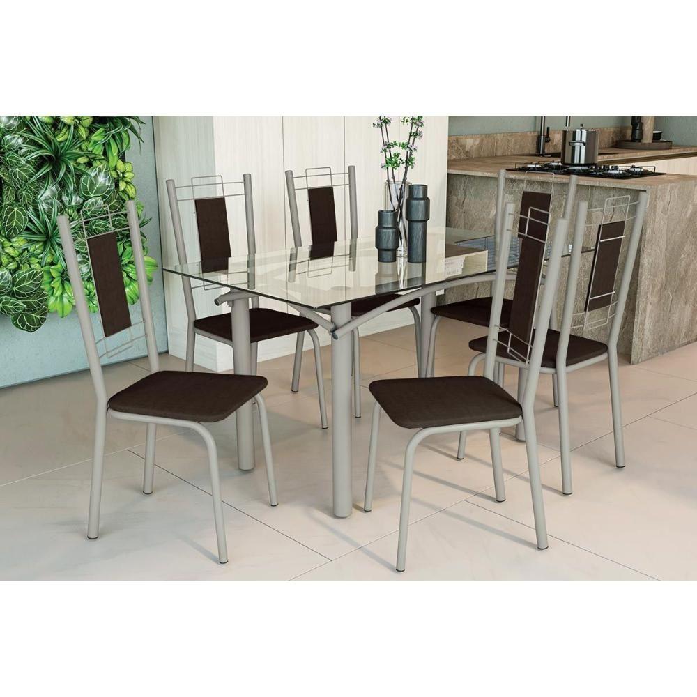 Conjunto: Mesa Sala Jantar Elba C- Tampo De Vidro 150cm E 6 Cadeiras Florença Niquel - Courano Marrom - Kappesberg - 1