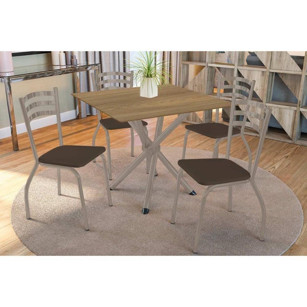 Conjunto: Mesa Sala Jantar Volga C- Tampo De Madeira 90cm E 4 Cadeiras Portugal Niquel-nogueira - Marrom - Kappesberg - 1