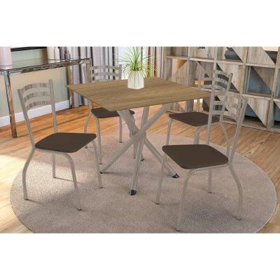 Conjunto: Mesa Sala Jantar Volga C- Tampo De Madeira 90cm E 4 Cadeiras Portugal Niquel-nogueira - Marrom - Kappesberg