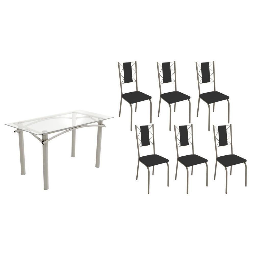 Conjunto: Mesa De Cozinha Elba C- Tampo De Vidro 150cm E 6 Cadeiras Lisboa Niquel - Courano Preto - Kappesberg - 1