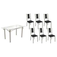 Conjunto: Mesa De Cozinha Elba C- Tampo De Vidro 150cm E 6 Cadeiras Lisboa Niquel - Courano Preto - Kappesberg - 1